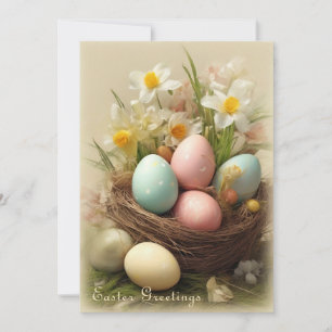 Vintage Easter Eggs, Nest and White Daffodils Holiday Card
