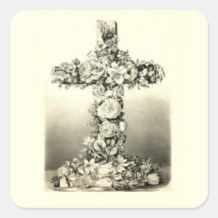 Vintage Easter Floral Christian Cross 1869 Square Sticker