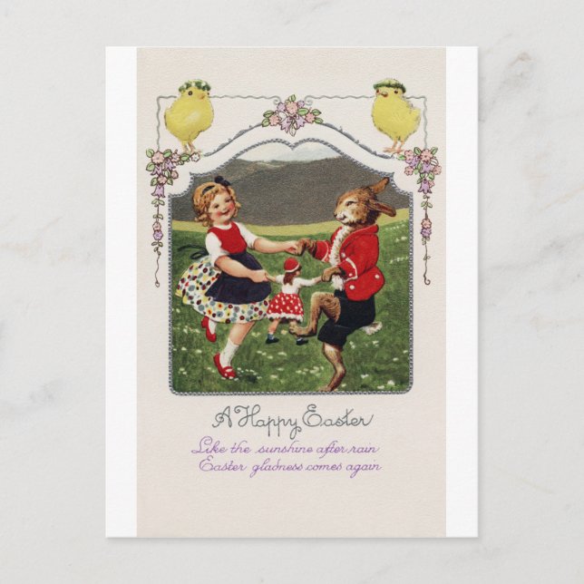 Vintage Easter Girl Bunny Chick Postcard (Front)