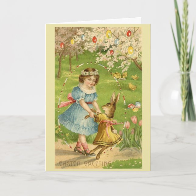 Vintage Easter - Girl Dances with Bunny, Holiday Card (Front)