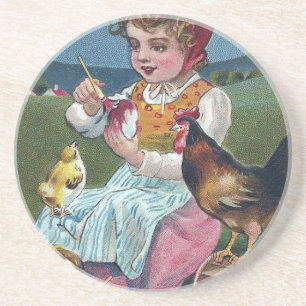 Vintage Easter Girl Painting Egg With Chickens Coaster