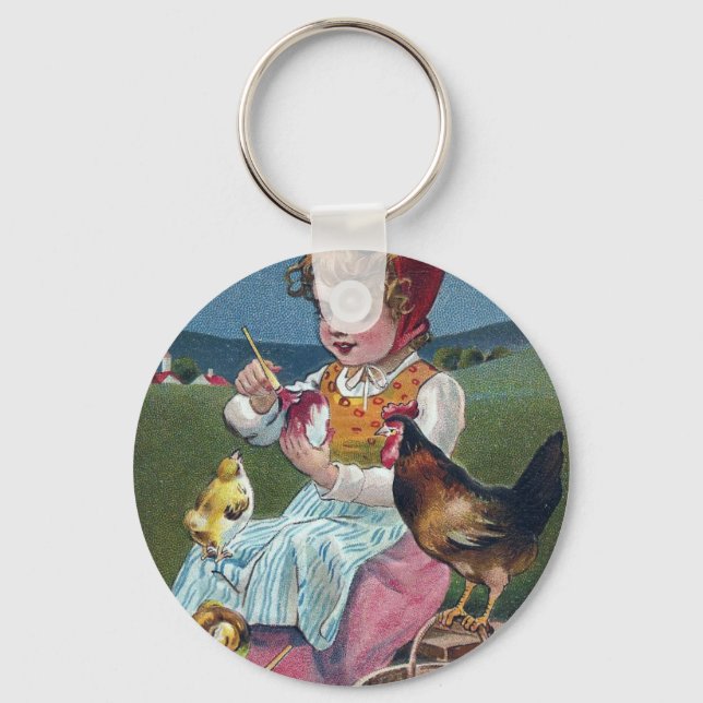 Vintage Easter Girl Painting Egg With Chickens Keychain (Front)