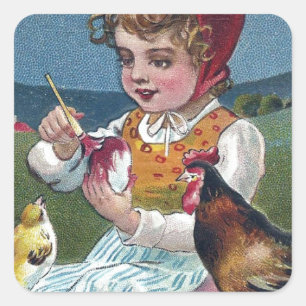Vintage Easter Girl Painting Egg With Chickens Square Sticker