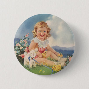 Vintage Easter, Girl with Chicks Lamb in Meadow 2 Inch Round Button