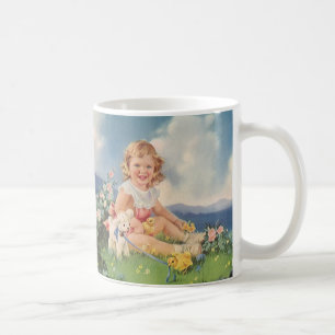 Vintage Easter, Girl with Chicks Lamb in Meadow Coffee Mug