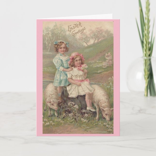 Vintage Easter Girls & Lambs, Holiday Card (Front)