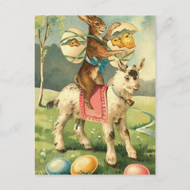 Vintage Easter Goat, Rabbit, and Chicks Holiday Postcard (Front)