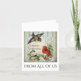 Vintage Easter Greetings Birds Nest Rustic Fence Holiday Card