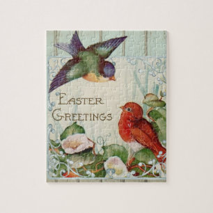 Vintage Easter Greetings Birds Nest Rustic Fence Jigsaw Puzzle