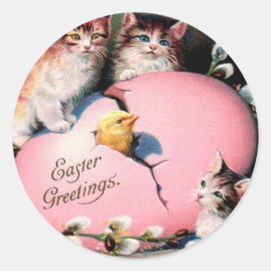 Vintage Easter Greetings Cats Chick and Easter Egg Classic Round Sticker