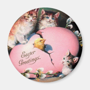 Vintage Easter Greetings Cats Chick and Easter Egg Magnet