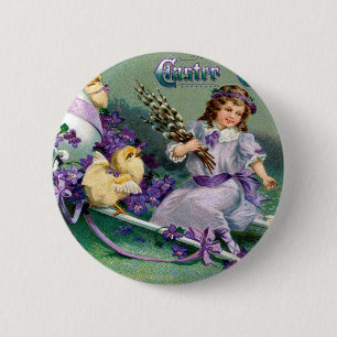 Vintage Easter Greetings Girl Egg Chick Carriage 2 Inch Round Button