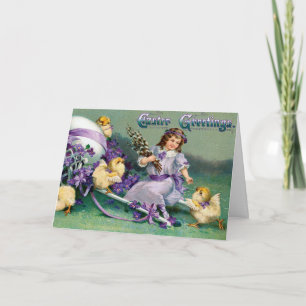 Vintage Easter Greetings Girl Egg Chick Carriage Card