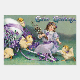 Vintage Easter Greetings Girl Egg Chick Carriage Wrapping Paper Sheet