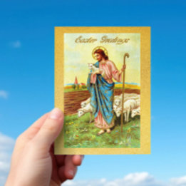 Vintage Easter Greetings Shepherd Sheep Lamb Jesus Postcard
