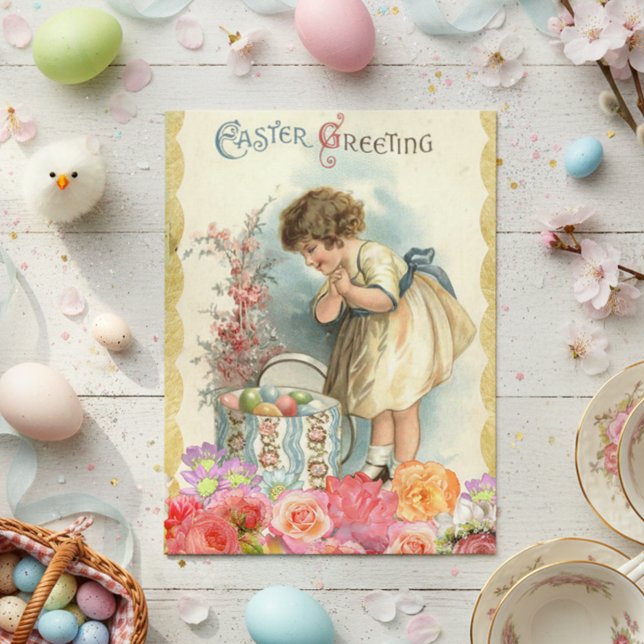 Vintage Easter Greetings Spring Girl Eggs Flowers Postcard (Creator Uploaded)