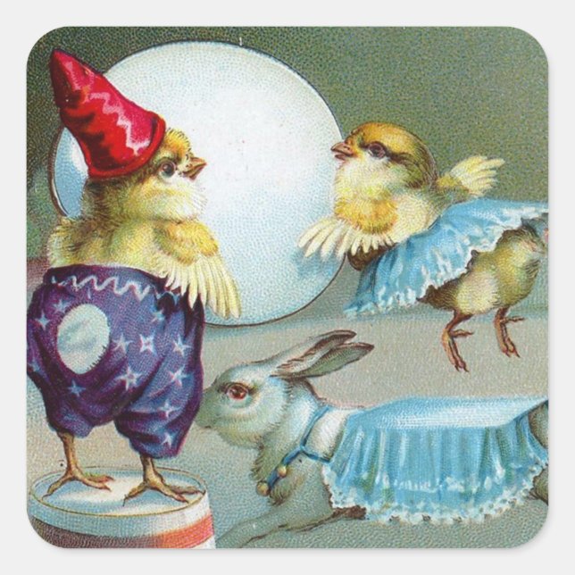 Vintage Easter Greetings Wishes Chicks Circus Square Sticker (Front)