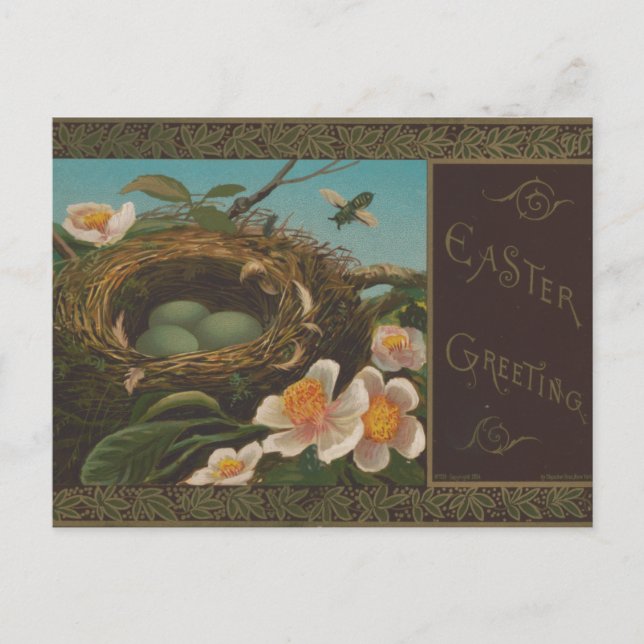 Vintage: Easter Greetings with Bee, Flower, Eggs Postcard (Front)