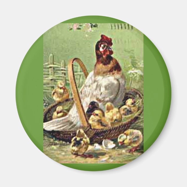 Vintage Easter Hen and Chicks in Basket Magnet (Front)