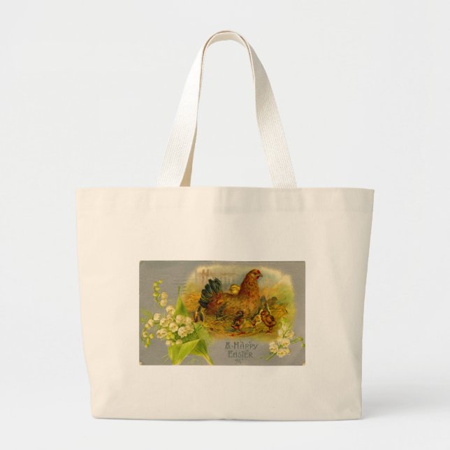 Vintage Easter Hen Large Tote Bag (Front)
