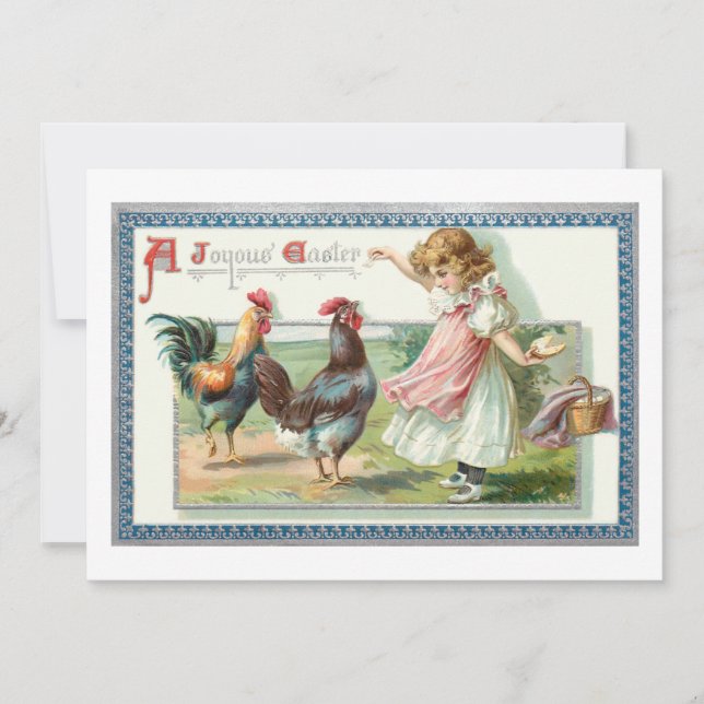 Vintage Easter Hen, Rooster & Girl Holiday Card (Front)