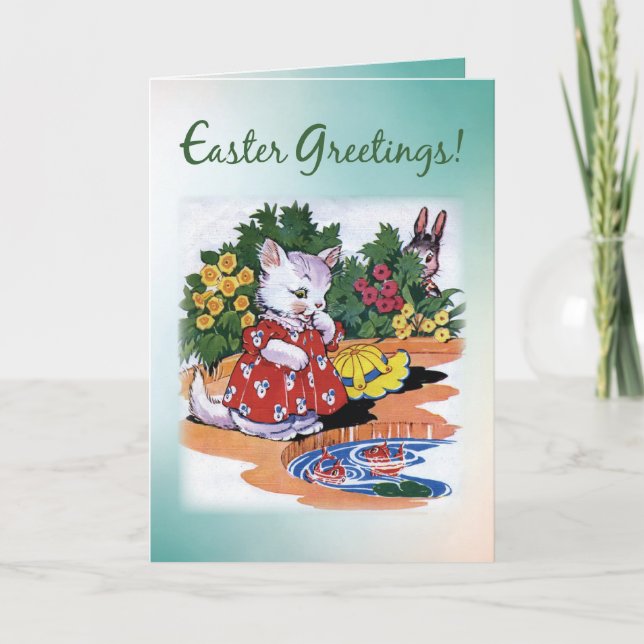 Vintage Easter Kitten Greetings Holiday Card (Front)