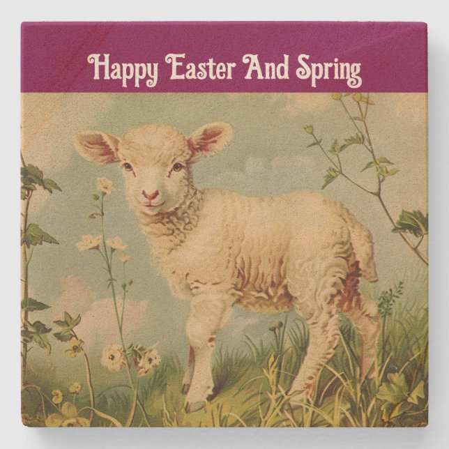  Vintage Easter Lamb Stone Coaster (Front)