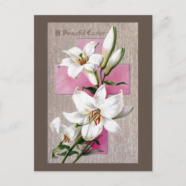 Vintage Easter Lilies and Pink Cross Holiday Postcard (Front)