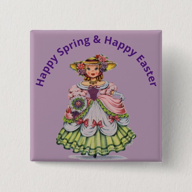 Vintage Easter Miss Button Pin (Front)
