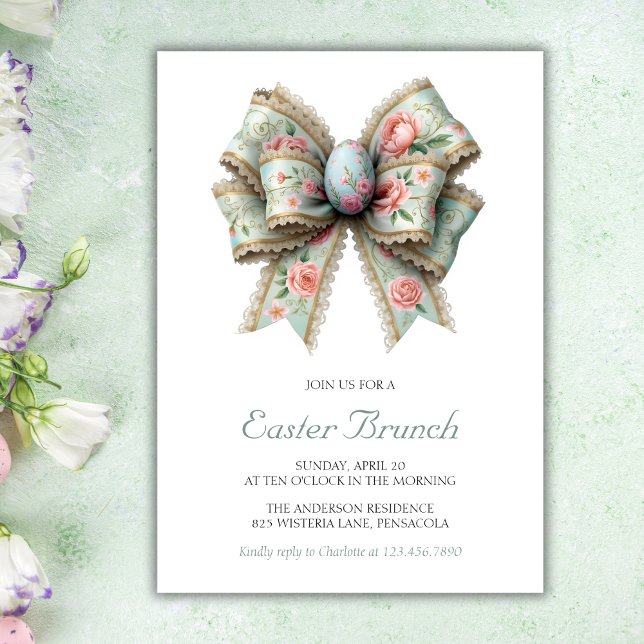 Vintage Easter Pastel Coquette Bow Brunch  Invitation (Vintage Easter Pastel Coquette Bow Brunch Invitation)