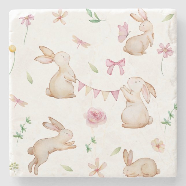 Vintage Easter Pink Rabbit Pattern Stone Coaster (Front)