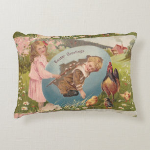Vintage Easter Postcard Victorian Girl & Boy Decorative Pillow