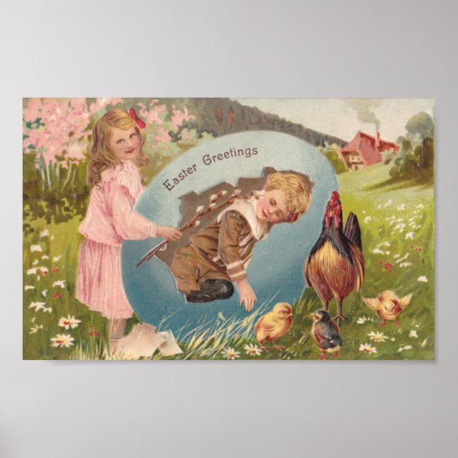 Vintage Easter Postcard Victorian Girl & Boy Poster (Front)