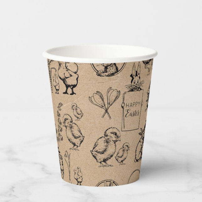 Vintage Easter Rabbit & Chick Kraft Brown Paper Cups (Front)