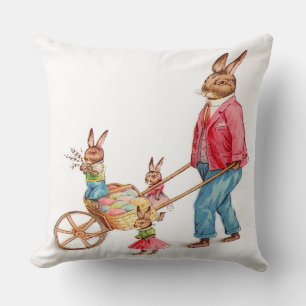 Vintage Easter Rabbit & Family and Egg Cart, ZSSG Throw Pillow
