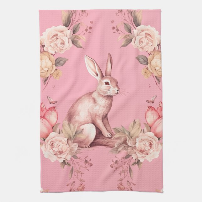 vintage easter rabbit pink floral kitchen towel (Vertical)