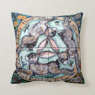 Vintage Easter Rabbit Running Hare Trio Spring Throw Pillow