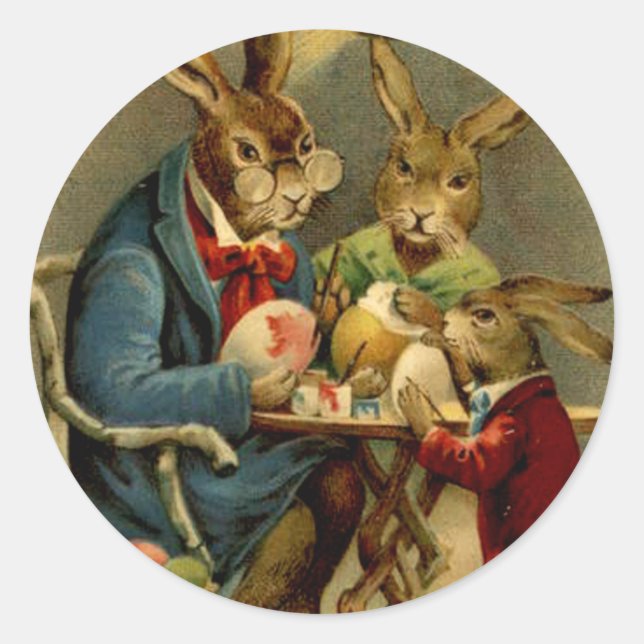 vintage Easter rabbits painting eggs Classic Round Sticker (Front)