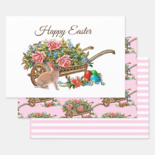 Vintage Easter Roses Rabbit and Wheelbarrow Wrapping Paper Sheet