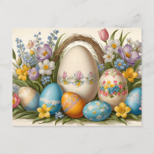 Vintage Easter Spring Flowers and Painted Eggs  Holiday Postcard