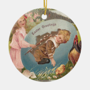 Vintage Easter Victorian Girl & Boy Ceramic Ornament