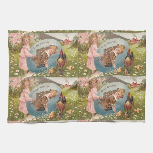 Vintage Easter Victorian Girl & Boy Kitchen Towel (Horizontal)