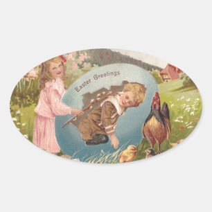 Vintage Easter Victorian Girl & Boy Oval Sticker