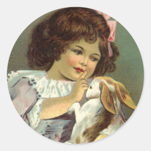 Vintage Easter, Victorian Girl Bunny Rabbit Eggs Classic Round Sticker