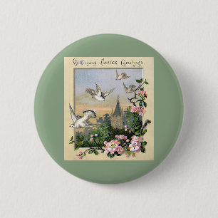 Vintage Easter, White Dove Birds and Flowers 2 Inch Round Button