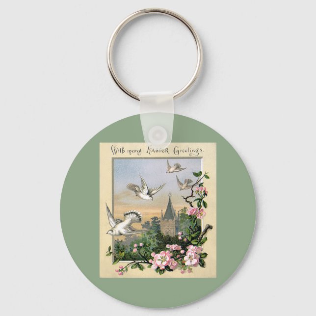 Vintage Easter, White Dove Birds and Flowers Keychain (Front)