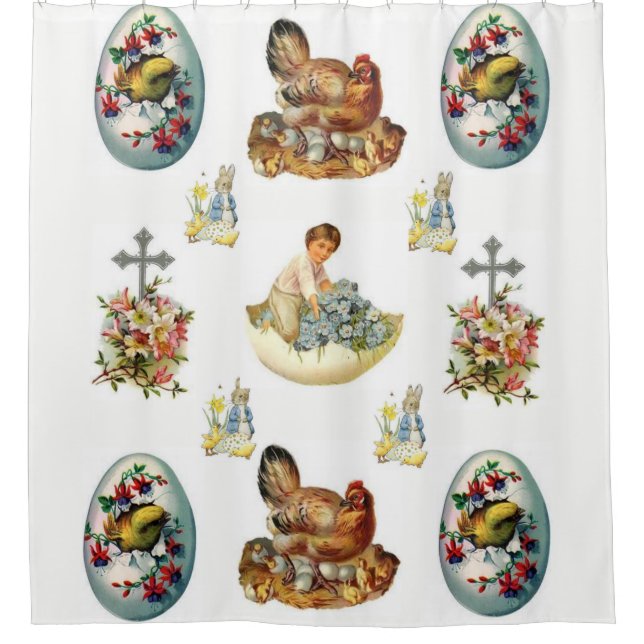 Vintage easter white showercurtain (Front)