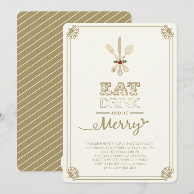 Vintage Eat Drink & Be Merry Holiday Party Invite (Front/Back)