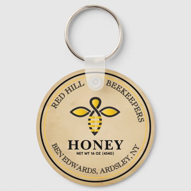 vintage Editable Honey Jar Bee Label Keychain (Front)