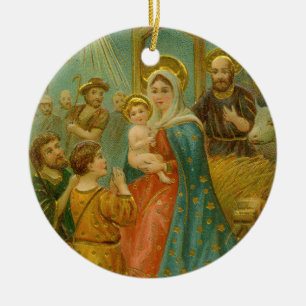 Vintage Edwardian Era Nativity Christmas Card Ceramic Ornament